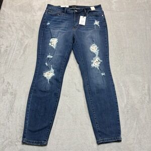 NWT Judy Blue Jeans Womens 16W Skinny Fit Floral Lace Crochet Distressed Stretch